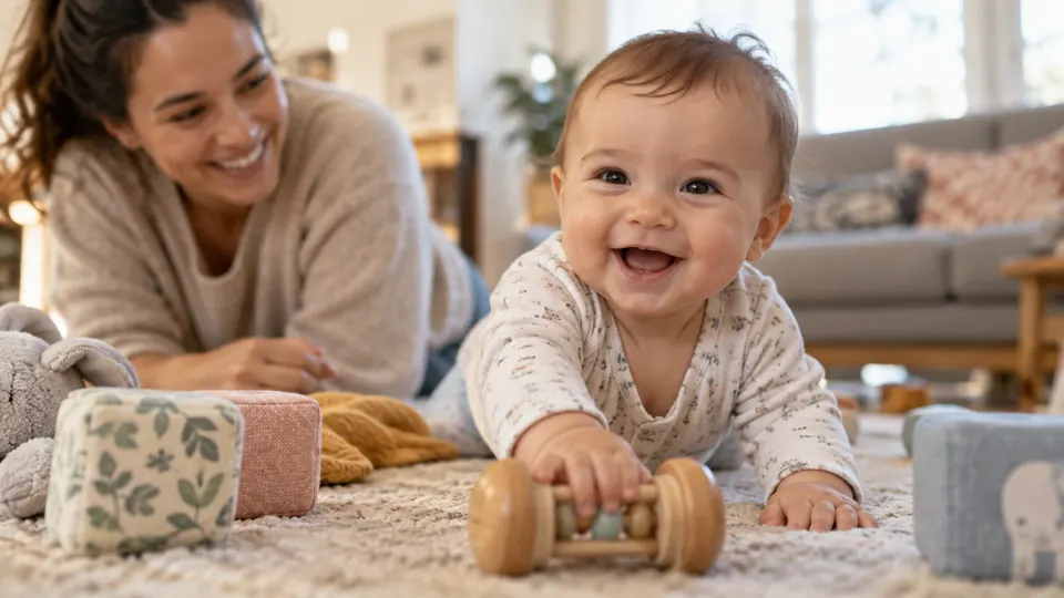 A baby playing on the floor beside a caregiver.