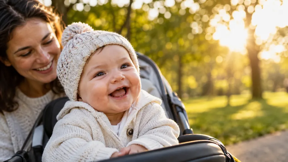 A caregiver with a baby outdoors.