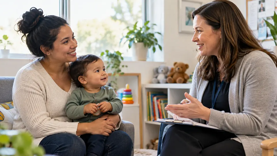 Two adults talking while one holds a baby.