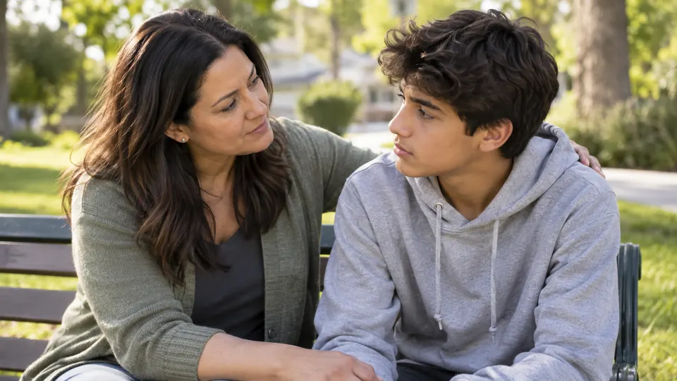 A caregiver and child having a conversation outdoors.