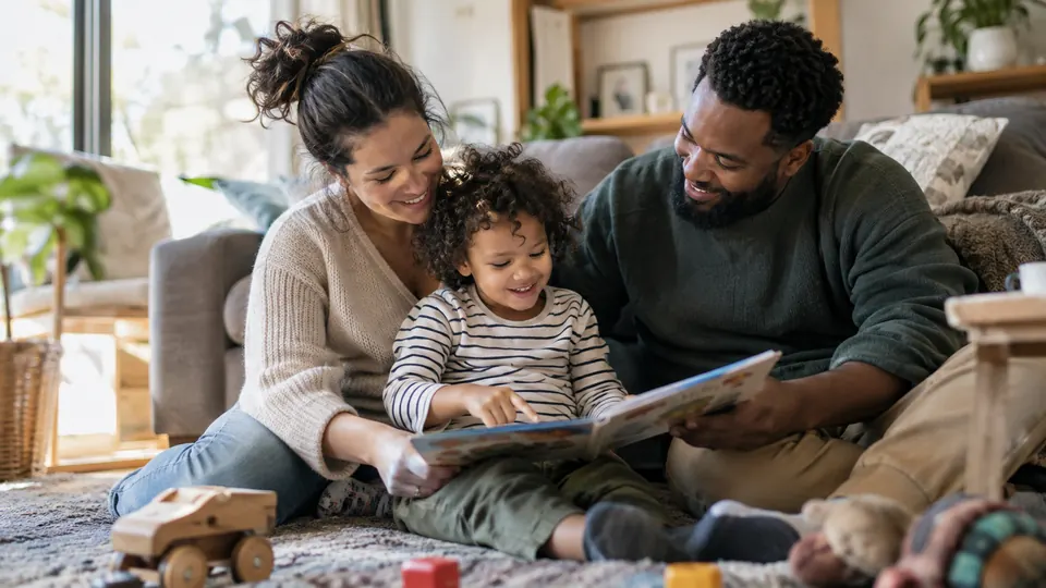 A family reading a book together at home.