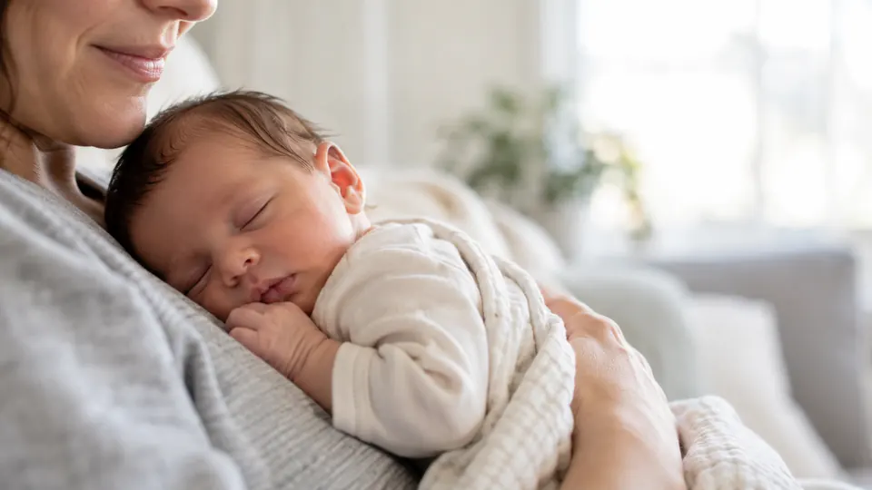 A newborn resting in a caregiver’s arms.
