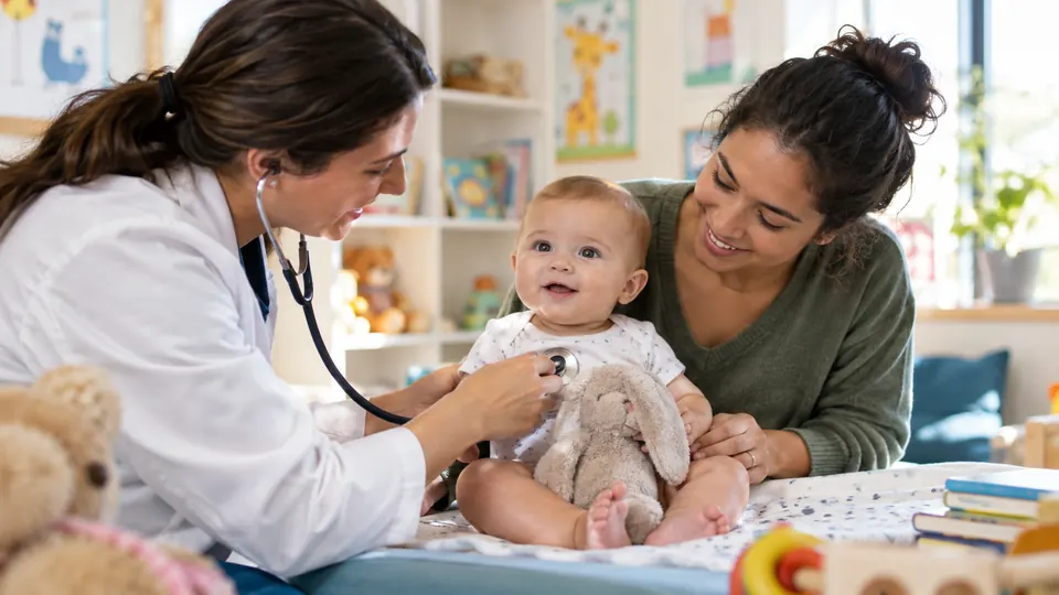 A caregiver and baby at a health care visit.
