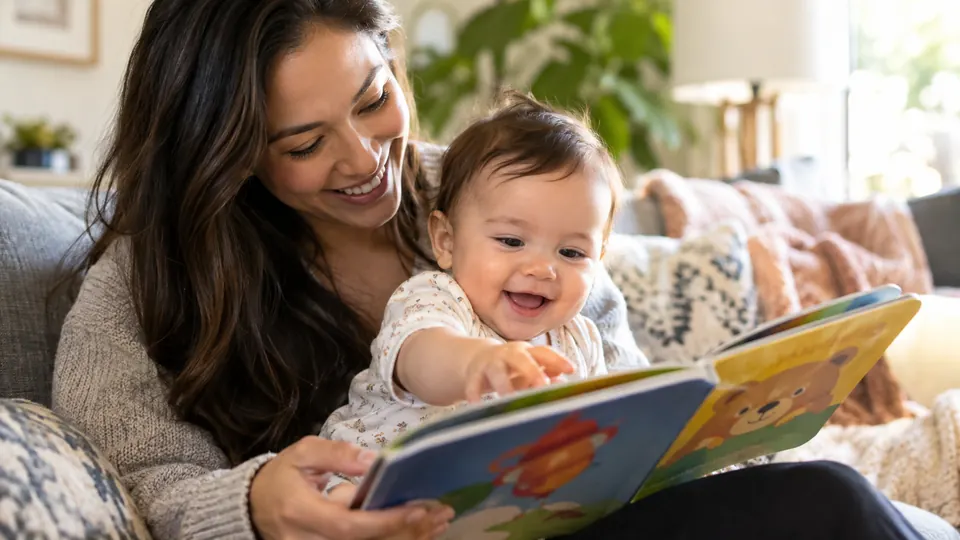 A caregiver and young child sharing a picture book.